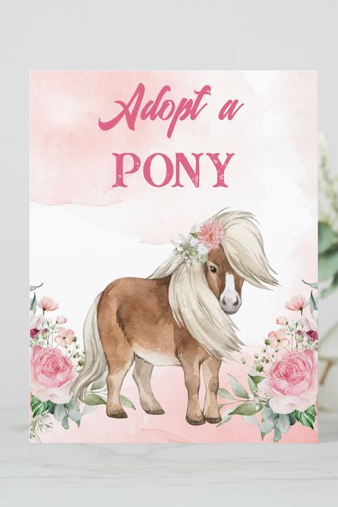 Adopt a pony sign pink flowers with cute pony horse cowgirl rodeo birthday party sign Horse Girl Birthday Party, 3rd Birthday Party Horse Theme, Horse 3rd Birthday Party Girl, Third Birthday Horse Theme, Pony Adoption Party, Horse Party Decorations, Horse Theme Birthday Party, Rodeo Birthday Party, Horse Birthday Party