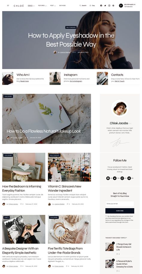 Unleash your inner beauty and style with Chloé - the ultimate WordPress theme for beauty and lifestyle bloggers. From make up tips to fashion trends, this theme has everything you need to create content that stands out. Get your lifestyle beauty blogger aesthetic on fire with this amazing easy-to-use WordPress design. It's responsive, good looking and it makes it easy to start your own blog! Aesthetic Blog Website Design, Lifestyle Blog Website Design, Blog Homepage Design, Personal Blog Aesthetic, Blog Aesthetic Layout, Lifestyle Blogger Aesthetic, Blog Examples, Blog Post Design, Blogger Aesthetic