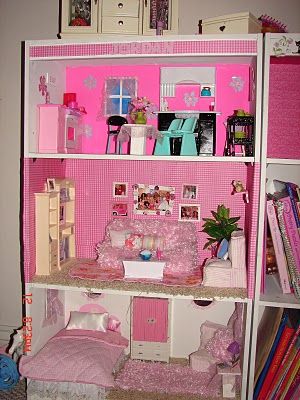 DIY Barbie House from a shelf - A girl and a glue gun I can't even contain myself.  I have to get started on this for Ilyasah right away! Kay Kay, Diy Barbie House, Diy Barbie Furniture, Barbie Doll House, Barbie Stuff, Dolls Houses, Barbie Diy, House Interiors, Barbie Dream House