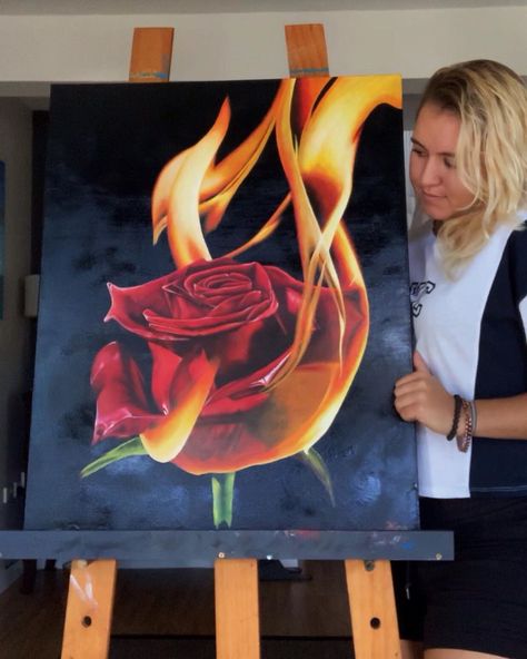 Flames Painting Canvas, Flower On Fire Painting, Rose On Fire Painting, Burning Rose Painting, Heart On Fire Painting, Burning Rose Drawing, Burn Out Art, Flame Painting Canvas, Rose On Fire Drawing