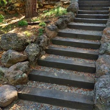 Yard Stairs, Railroad Ties Landscaping, Railroad Tie Retaining Wall, Railroad Tie, Land Ideas, Landscape Stairs, Georgia House, Small Backyards, Railroad Ties