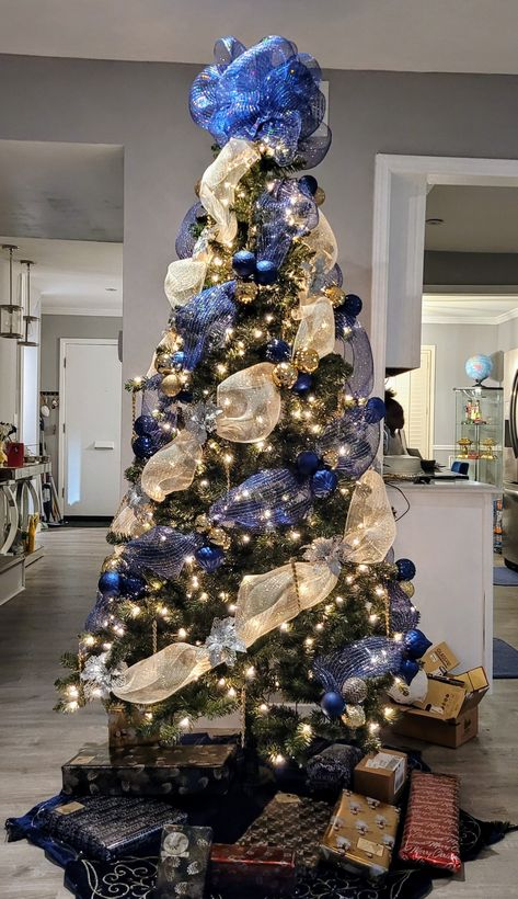 Gold And Navy Blue Christmas Decor, Gold And Navy Blue Christmas Tree, Royal Blue Gold Christmas Tree, Christmas Tree Decorations Blue And Gold, Blue And Yellow Christmas Decor, Blue And Gold Xmas Tree, Blue And Gold Ribbon Christmas Tree, Midnight Blue Christmas Decorations, Luxury Christmas Trees