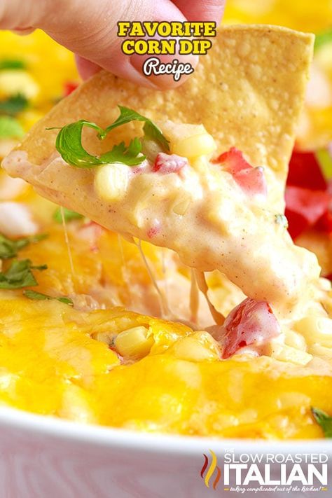 This corn dip recipe features white corn, fresh pico de gallo, tangy crema and 3 types of cheese! Make this hot dip to share at any party! Cheesy Corn Dip, Corn Dip Recipe, Healthy Dip Recipes, Hot Corn Dip, Slow Roasted Italian, Corn Dip Recipes, Hot Corn, Delicious Dips Recipes, The Slow Roasted Italian