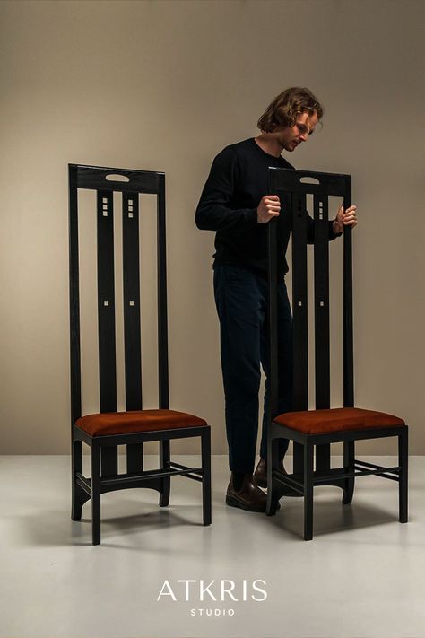 This set of four Charles Rennie Mackintosh model Ingram dining chairs embodies timeless elegance and a rich historical significance. Originally designed around 1910 for the White Dining Room of the Ingram Tea Rooms in Glasgow, Scotland, these chairs showcase Mackintosh's exceptional craftsmanship and innovative design sensibility. #atkris #vintagedesign #vintagefurniture #designfurniture #midcenturydesign #cassina #ingramchair #highbackdiningchair #charlesrenniemackintosh #italiandesign Mackintosh Chair, High Back Dining Chairs, Iconic Chairs, Tea Rooms, Charles Rennie Mackintosh, White Dining Room, Rennie Mackintosh, Gothic Design, Period Furniture