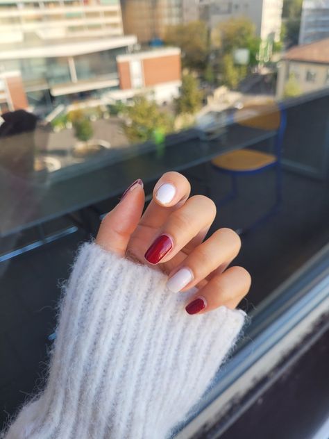 Burgundy//Ivory (OPI Nail Lacquer Malaga Wine; Sally Hansen 110 White Tea Sheer) Malaga Wine, Opi Nail Lacquer, Sally Hansen, White Tea, Nail Lacquer, Geneva, Malaga, Cold Day, Nail Art