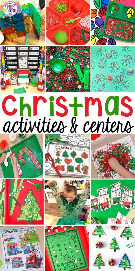 Christmas Activities and Centers for Preschool and Kindergarten: Freebies Too! - Pocket of Preschool Winter Holidays Preschool, Holiday Centers For Preschool, Pocket Of Preschool Christmas, Fun Christmas Activities For Preschool, Fun Christmas Activities For Kindergarten, Christmas Party For Preschoolers, Christmas Classroom Activities Preschool, Christmas Centers For Kindergarten, Christmas Centers For Preschool