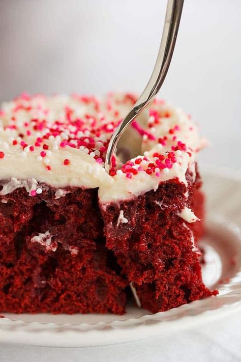 Red Velvet Poke Cake | Brown Eyed Baker Red Velvet Poke Cake, The Best Cream Cheese Frosting, Best Cream Cheese Frosting, Valentines Recipes Desserts, Strawberry Mousse, Condensed Milk Recipes, Low Carb Cheesecake, Valentine Desserts, Poke Cakes