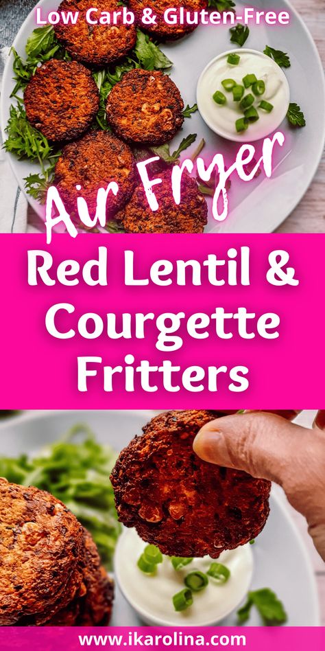 These healthy red lentils and courgette fritters are low carb, gluten-free and vegetarian, kids love them. Made with fresh courgettes and herbs. Cooked in the air fryer for a crispy outside and soft on the inside. These fritters make such a perfect lunch, starter, side dish and dinner. Pair them with your favorite sauce. #zucchini #courgette #fritters #appetizer #sidedish #redlentil #glutenfree #vegetarian #easyvegetablefritters #healthyrecipes #lowcarb #lunchrecipes #dinnerrecipes #easyrecipes Red Lentil Fritters Recipes, Air Fryer Courgette, Green Lentil Fritters, Greek Courgette Fritters, Chickpea Zucchini Fritters, Courgette Fritters Vegan, Courgette Fritter, Lentil Fritters, Juice Fast