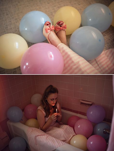 A birthday themed photoshoot in a kitchen with balloons, streamers, and confetti. There is a girl in a pink dress holding a cake with candles, and in a pink tub with balloons. Pony Photoshoot, Pastel Photoshoot, Happy Birthday Katie, Birthday Dream, Birthday Concept, Everything Is Perfect, Birthday Aesthetic, Eating Too Much, Pastel Vintage