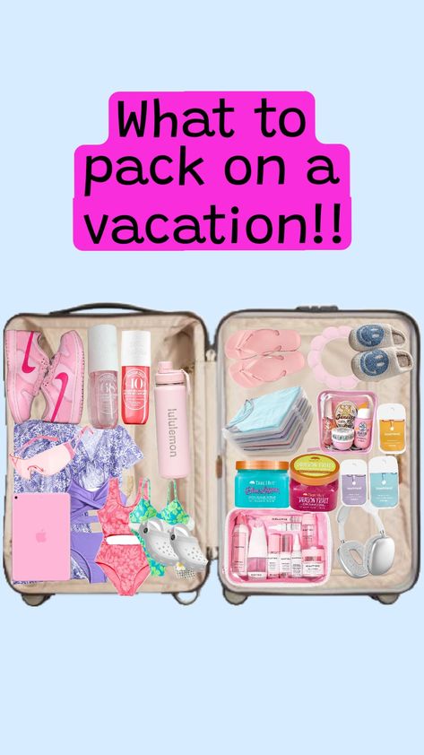 What to pack on a summer vacation!! A nice idea!!! #Preppy #Vacation #Packing #Summer ☀️☀️⛱️ Vacation Must Haves Packing Lists, What To Pack For Summer Vacation, Holiday Packing Aesthetic, Vacation Packing List Beach, Airport Essentials, Aesthetic Packing, What To Pack For Vacation, Preppy Vacation, Preppy Travel