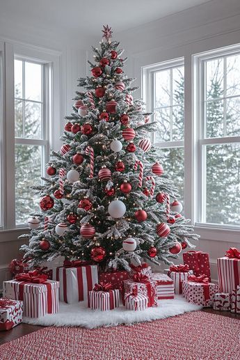 21 Best Red and White Christmas Decor Ideas 2024 4 Red And White Country Christmas Tree, Decorating White Flocked Christmas Tree, Re And White Christmas Tree, Red Decor Christmas Tree Ideas, Flocked Christmas Tree Red Ornaments, Flocked Tree Decorating Ideas Red And Green, Red And White Christmas Tree Simple, Red White Gold Christmas Decor, Red Green Christmas Tree Ideas