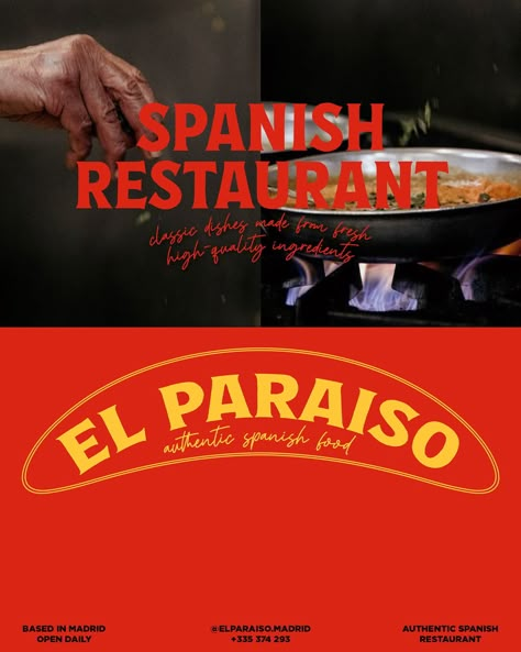 Introducing El Paraíso, El Paraíso is a Spanish restaurant that offers a diverse menu of classic dishes made from fresh, high-quality ingredients From tapas and paellas to seafood and desserts, They aim to deliver an authentic Spanish dining experience. #dbelparaíso #designerbriefs #graphicdesignchallenge #logo #brandingchallenge #branding_design #brandbrainy #brandreveal #font #welovebranding #logodaily #branding #brandinginspiration #brandingagency #brandingstudio #brandingstrategy #restau... Spanish Graphic Design, Spanish Restaurant Design, Spain Restaurant, Spanish Market, Magic Font, Fish Restaurant, Spanish Restaurant, Restaurant Poster, Tapas Restaurant