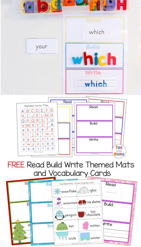 These free printable read build write mats and vocabulary words are great for spelling, word work, sight words and literacy centers. via @funwithmama Word Building Activities, Dolch Sight Words, Spelling Activities, Building Activities, Word Building, Literacy Stations, Sight Word Activities, Mama Blog, Kindergarten Teaching