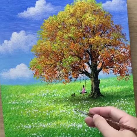 Autumn Oak Tree Acrylic Painting | By Painting Skills Oak Tree Artwork, Oak Tree Acrylic Painting, Tree Paintings Acrylic, Maple Tree Painting, Acrylic Tree Painting, Oak Tree Painting, Autumn Tree Painting, Oak Tree Art, Acrylics Ideas