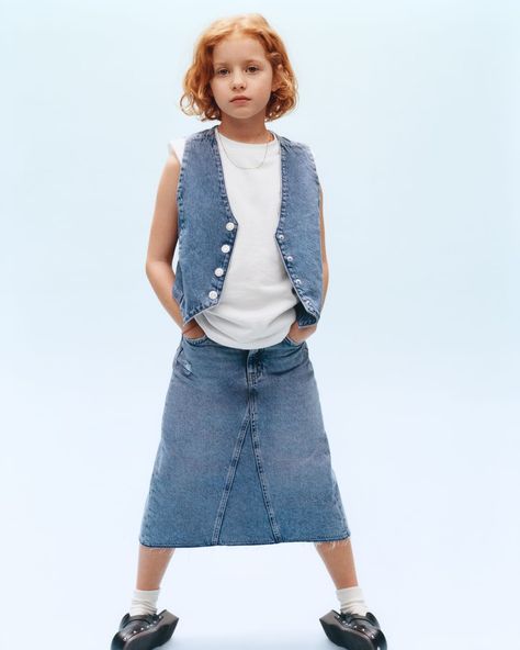 Kids Denim Jeans, Denim Waistcoat, Long Denim Skirt, Girl Trends, Trendy Skirts, Denim Blazer, Kids Denim, Zara Kids, Denim Midi Skirt