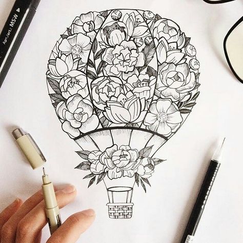 Hot Air Balloon Tattoo, Air Balloon Tattoo, Balloon Tattoo, Boho Art Drawings, Doodle Art Journals, Dark Art Drawings, Tattoo Art Drawings, Tattoo Outline, Arte Sketchbook