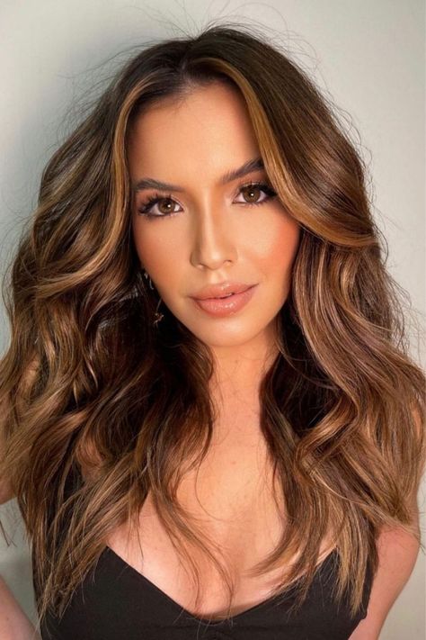 Latina Hair Color Ideas Olive Skin, Cooper Highlights, Kinds Of Bangs, Hair Color For Brown Skin Latina, Perfect Curtain Bangs, Best Curtain Bangs, Hair Color For Brown Skin, Bangs Curtain, Brown Straight Hair