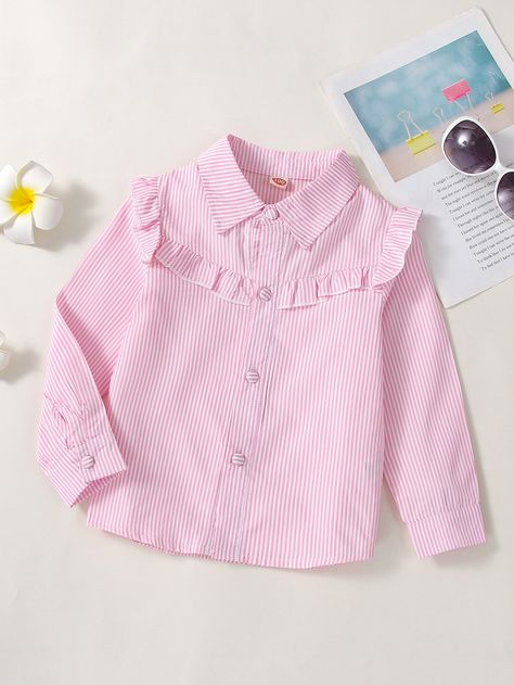 Baby Pink Cute  Long Sleeve Polyester Striped Shirt  Non-Stretch Spring Toddler Girls Clothing Shart Dizain Girl Kurti, Kids Tops Girls Shirts, Spring Toddler, Lace Blouse Design, Simple Dress Casual, Floral Print Sundress, Ruffle Trim Top