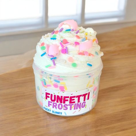 Texture: ice cream dough Scent: Cake Level: Beginner Includes: 6 oz slime Ice Cream Dough, Funfetti Frosting, Foam Slime, Sweet Snacks Recipes, Sweet Snacks, Slime, Christmas Presents, Frosting, Girly Things