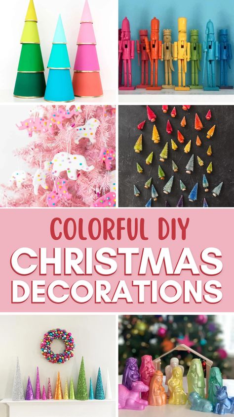 Diy Colourful Christmas Decorations, Colorful Christmas Decorations Diy, Pastel Christmas Crafts, Diy Bright Christmas Decorations, Diy Rainbow Christmas Decorations, Christmas Colorful Decorations, Diy Colorful Christmas Ornaments, Diy Christmas Crafts For Kids To Make, Bright Colored Christmas Decor