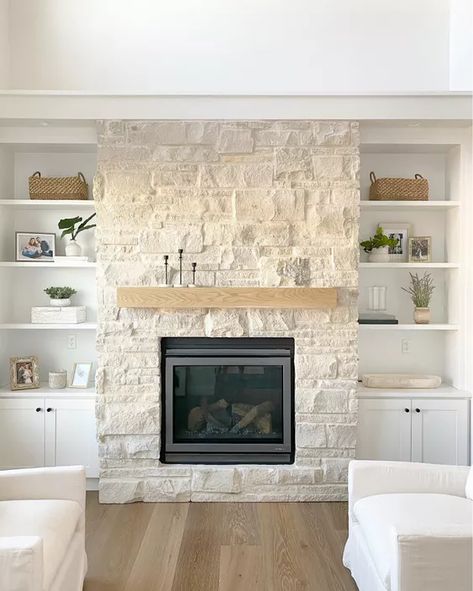 Black Mantle Fireplace, White Stone Fireplaces, Coastal Fireplace, Black Mantle, Stone Fireplace Wall, Transitional Fireplace, Gothic Love, Mantle Fireplace, Stacked Stone Fireplaces