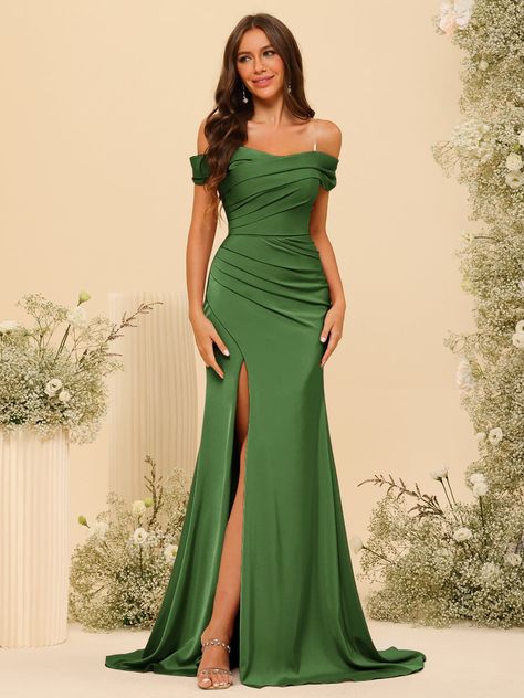 Lavetir sells a large selection of 2024 new bridesmaid dresses and wedding party dresses online. Here is the dress detail: Fabric: Dense Stretch Satin; Silhouette: Sheath/Column; Neckline: Off-the-Shoulder; Hemline/Train: Floor-Length; Embellishment: Split Side; Ruched; Sleeve: Sleeveless; Waist: Empire; Back Style: Zipper; Built-In Bra: Yes; Season: Spring; Summer; Fall; Winter; Shown in Olive Green color. Olive Green Silk Dress Long Sleeve, Olive Green Bridesmaid Dresses Fall, Olive Green Bridesmaid Dresses, Dresses With Split, Long Formal Dresses, Fall Bridesmaid Dresses, Green Silk Dresses, Bridesmaid Dresses With Sleeves, Sage Dress