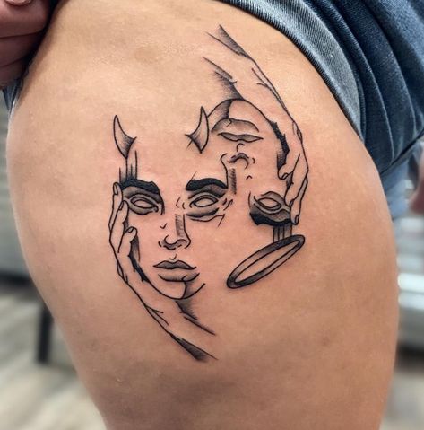 Multiple Personalities Tattoo, Fake People Tattoo, Neck Tattoo Woman, Women Tattoo Arm, Angry Tattoos, Work Of Art Tattoo, Goodness Tattoo, Gemini Tattoo Ideas, Tattoo Designs Floral