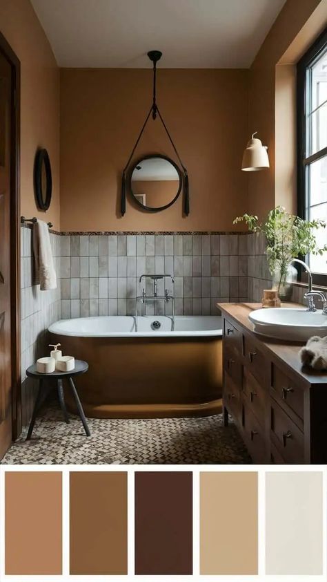 Chocolate Tiles Bathroom, Brown Tiles Bathroom, Bathroom With Brown Tile, Earth Tone Bathroom Ideas, Warm Tone Bathroom, Earth Tone Bathroom, 1930s Bathroom, Brown Tile Bathroom, Tan Bathroom