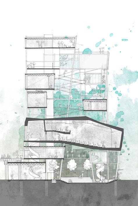 Section Drawing Architecture, Hand Rendering, Arch Inspiration, Architecture Art Nouveau, Section Drawing, Oil Platform, Architectural Presentation, Architecture Panel, Architecture Board