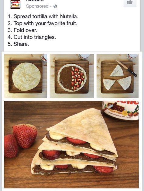 Nutella Nutella Quesadilla, Nutella Snacks, Nutella Recipes Easy, Homemade Cookbook, Happy February, Quick Recipes Snacks, Nutella Recipes, Hazelnut Spread, Yummy Comfort Food