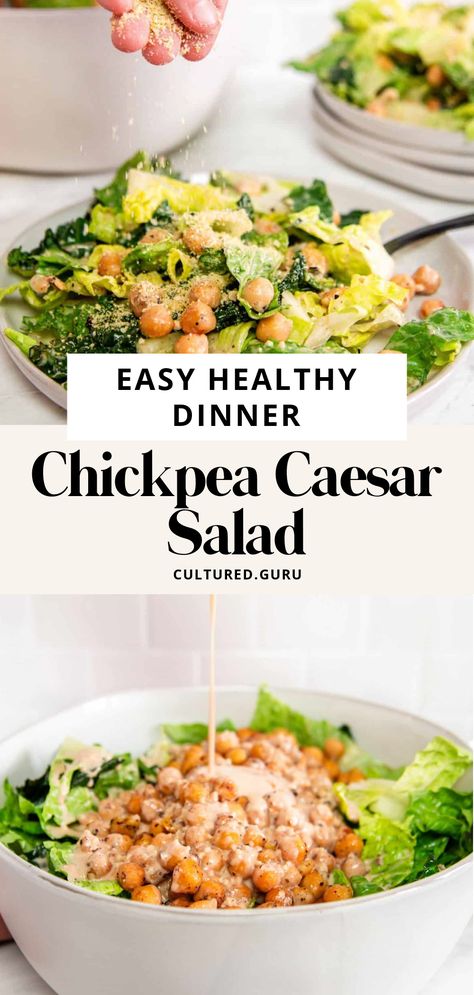 Salad Recipe With Chickpeas, Caesar Salad With Chickpeas, Chickpea Caesar Salad, Quinoa Ceaser Salad, Chickpea Ceaser Salad, Vegetarian Caesar Salad, Caesar Salad Vegan, Easy Vegan Caesar Dressing, Vegan Chicken Caesar Salad