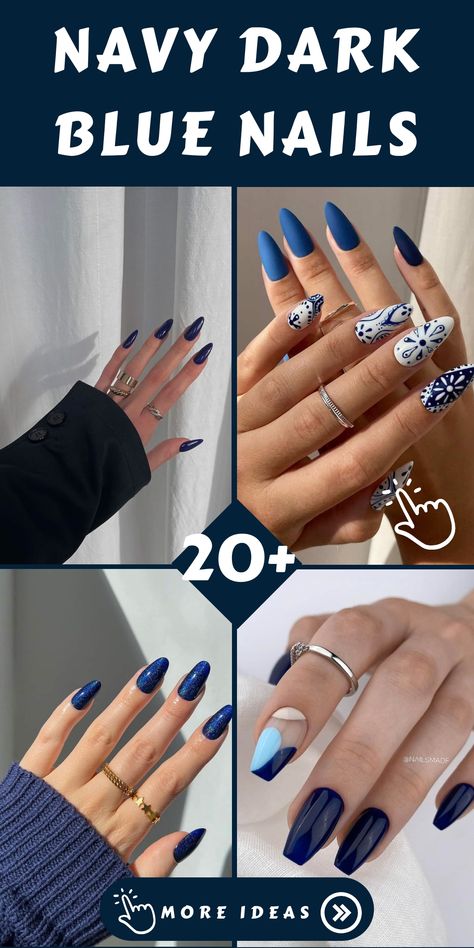 Step into a world of elegance and charm with stunning navy dark blue nail designs that radiate sophistication and allure. Whether you opt for a deep navy tone or a bold dark blue shade, these manicures promise to elevate your style with glamour and mystery. Embrace the beauty of navy nails, channeling your inner fashionista as you conquer the world with your fabulous manicure. Watch as your fingertips become a beacon of style, exuding confidence and grace wherever you go. Navy Ombre Nails Dark Blue, Blue Fingernail Designs, Mat Blue Nails, Blue And Nude Nail Designs, Marine Nails Designs, Dark Blue Nail Inspo With Design, Dark Blue And Green Nails, Navy Dip Nails, Dark Blue Nail Designs Ideas