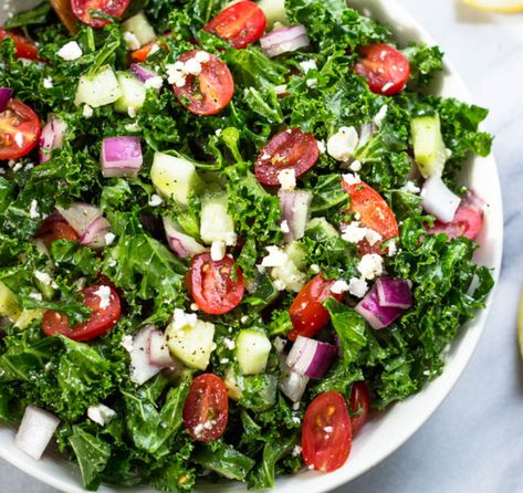 Greek Kale Salad with Lemon Olive Oil Dressing Olive Oil Dressing Recipes, Greek Kale Salad, Lemon Olive Oil Dressing, Dino Kale, Greek Salad Ingredients, Kale Salads, Pancakes Protein, Dinosaur Kale, Kale Recipe