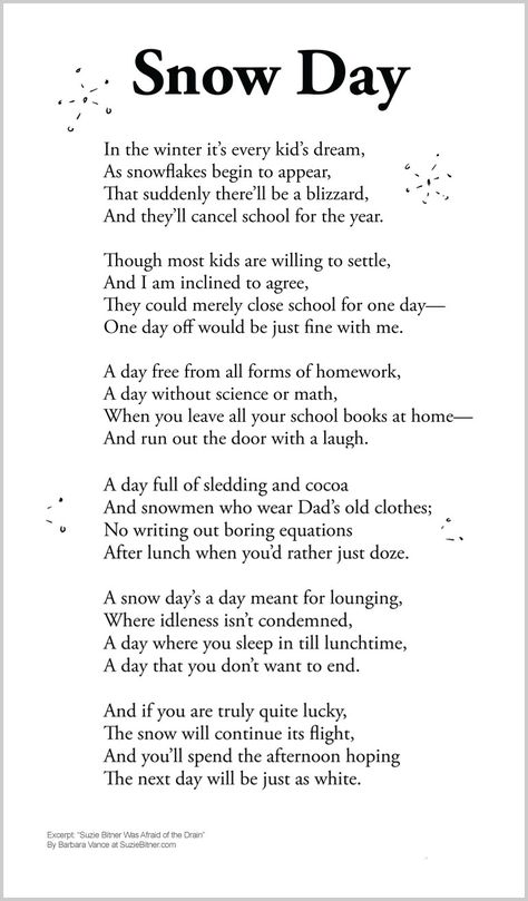 Cute children's poem about snow games during a snow day off from school.  Great for winter and holiday reading. common core first 1st grade, second 2nd grade, third 3rd grade reading #ESL Poems About Winter, First Grade Poems, Meaningful Poetry, Snow Games, Christmas Performance, Winter Poetry, Winter Poems, Reading Poems, Childrens Poems