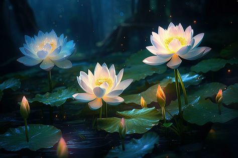 Beautiful lotus flowers blooming in the pond at night, glowing lotus flowers, AI Generated Pond At Night, Glowing Lotus, Lotus Flower Pond, Blooming Lotus, Flowers Blooming, Tree Saw, Drawings Of Friends, Wedding People, Lotus Flowers