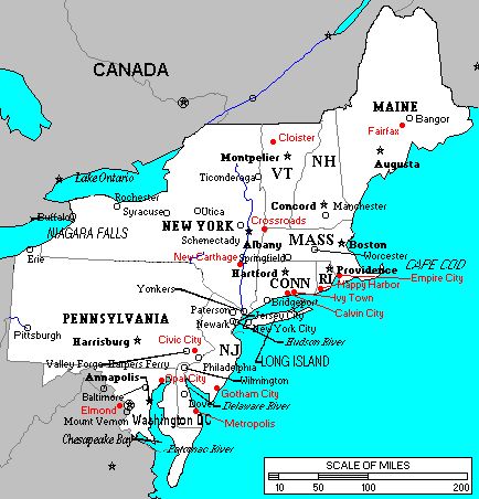 Map of  New England States Washington Dc City, Villain Names, New England States, Comic Book Collection, Lake Ontario, True Facts, Dc Superheroes, Gotham City, Awesome Stuff