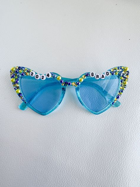 2024 Graduate Embellished Heart Sunglasses Decorate Heart Sunglasses, Custom Sunnies, Beaded Sunglasses Heart, Sunglasses With Beads On Them, Heart Sunglasses Beads, Bachelorette Beaded Sunglasses, 2024 Graduate, Heart Sunglasses, Gold Text