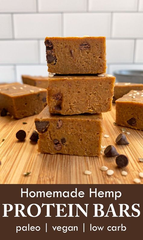 These homemade hemp protein bars are paleo, vegan and low carb. They're made with hemp protein powder, almond butter and pumpkin puree and have a deliciously chewy texture. This protein bar recipe is great for snacking, breakfast on the go, or packed in lunches. #proteinbars #pumpkinrecipes #paleodiet #veganrecipes Hemp Protein Recipes, Paleo Protein Bars Homemade, Hemp Yeah Protein Powder Recipes, Hemp Protein Balls, Egg Powder Recipes, Hemp Powder Recipes, Hemp Protein Powder Recipes, Paleo Protein Bar Recipe, Protein Bar Recipe