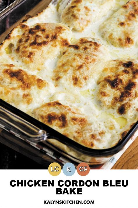 This amazing Chicken Cordon Bleu Bake is cheesy, creamy, and low in carbs without any of the usual breaded coating! And I think everyone who enjoys Chicken Cordon Bleu is going to love this version that's gluten-free and perfect for Keto diets! [found on KalynsKitchen.com] #LowCarbChickenCordonBleu #ChickenCordonBleuRecipe #LowCarbComfortFood Chicken Cordon Bleu Bake, Cordon Blue, Low Carb Meals, Chicken Cordon, Low Carb Diets, Chicken Cordon Bleu, Tater Tots, Keto Foods, Diet Vegetarian