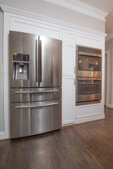 New fridge and double oven wall with Shaker style panels and cabinetry. Oven Wall, New Fridge, Outdoor Kitchen Appliances, Basic Kitchen, Built In Ovens, Double Oven, Outdoor Kitchen Design, Updated Kitchen, Kitchen Remodel Idea