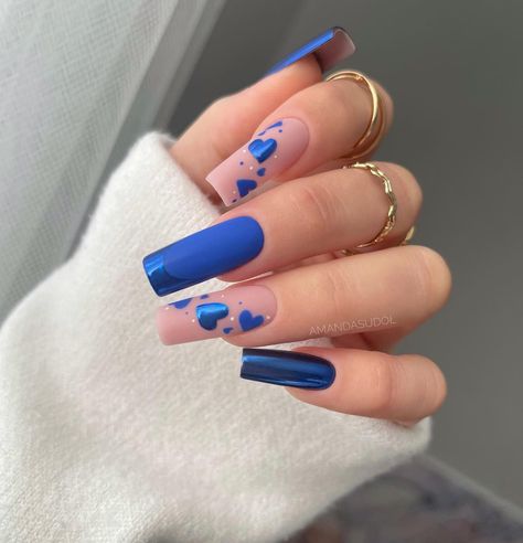 Blue Valentine Nails Design, Blue Valentine’s Day Nails, Royal Blue Valentines Nails, Valentines Day Nails Blue, Blue Valentines Nails, Blue Valentine Nails, Royal Blue Nails Designs, Royal Blue Nails, Blue Coffin Nails