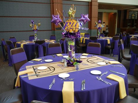 Setting the Mood: LAKERS INSPIRED MITZVAH Basketball Theme Baby Shower, Basketball Centerpieces, New York Theme Party, Basketball Wedding, Basketball Bar Mitzvah, Basketball Themed Birthday Party, Romantic Dinner Decoration, Lakers Colors, Basketball Theme Party