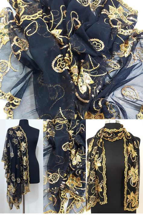 Stunning Antique Black Silk Chiffon needle work Embroidered with metallic gold thread and sequins,
This is a masterpiece of hand embroidery, sequins and scallop edges!
This scarf can be used as a head scarf, a neck scarf, or just a shawl wrap.
it will be perfect for adding grace to your attire for any social gathering, festival party or wedding and It can also be a unique gift for your loved ones Evening Scarf, Sequin Scarf, Silk Chiffon Scarves, Chiffon Shawl, Embroidered Scarf, Handmade Scarves, Vintage Elegance, Black Scarf, Embroidered Silk