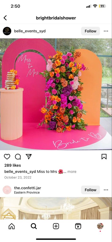 Hot Pink And Orange Backdrop, Orange Backdrop Ideas, Womens Event, Havana Nights Party Theme, Floral Walls, Bridal Shower Backdrop, Cute Birthday Ideas, Mom Party, Bridal Shower Inspiration