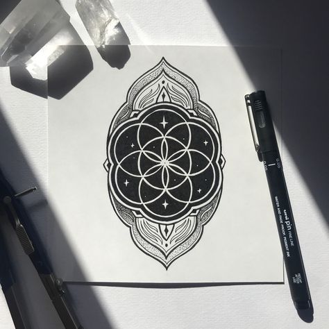 Seed of life mandala drawing with a pen, compass and quartz. Seed Of Life Tattoo Sacred Geometry, Mandala Drawing Tutorial, Seed Of Life Tattoo, Seed Of Life Mandala, Eastern Architecture, Scared Geometry, Mandela Tattoo, Flower Of Life Tattoo, Sacred Geometry Mandala