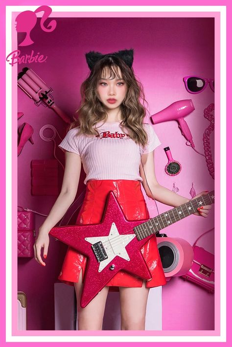 Barbie core, doll, ulzzang, xiaohongshu, pink, popstar, star guitar, red leather skirt, doll box, asian, Japanese, wavy hair, Barbie girl, Barbie cosplay Barbie Rockstar, Barbie Doll Box, Punk Barbie, Bjd Dolls, Barbie Doll, Barbie Dolls, Snow White, Photo Editing, Disney Princess