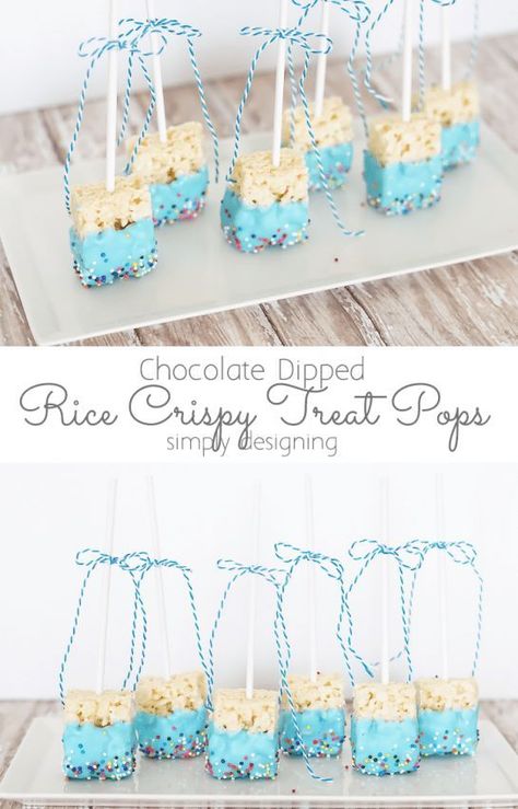 These cute Chocolate Dipped Rice Crispy Treat Pops so really simple to make but so cute! They are a perfect treat for any party or potluck and they are so easy kids can help make them! Baby Boy Shower Food, Treats Table, Rice Crispy Treat, Boy Baby Shower Food, Rainbow Snacks, Cute Chocolate, Baby Shower Cake Pops, Baby Shower Treats, Pretzel Dip