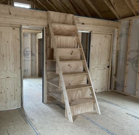 Lofted Barn Cabin, Shed With Loft, Cabin Loft, Barn Loft, Garage Guest House, Tiny House Stairs, Ladder Storage, Shed Home, Shed To Tiny House