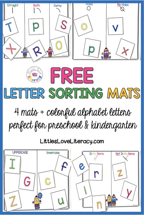 FREE printable letter sort for preschool, pre-k, and kindergarten. This FREE download includes a set of 4 letter sorting mats & alphabet rainbow letters. Sort in different ways such as in my name vs. not, holes vs. no holes, uppercase vs. lowercase, & curvy vs. straight vs. both. Also includes a black and white version to save colored ink. Great activity for back to school! #littlesloveliteracy #kindergarten #preschool #alphabet Number And Letter Sorting Preschool, Chrysanthemum Activities, Letter Sorting Activities, Literacy Groups, Sound Activities, Letter Sorting, Prek Literacy, Letter Sort, Rainbow Letters