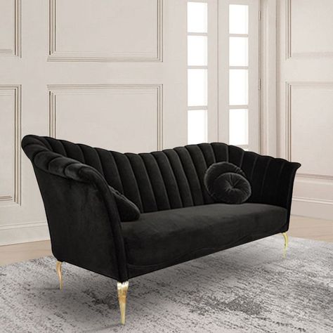 86.6" Black Velvet Upholstered Sofa Channel Tufted 3-Seater Sofa Stainless Steel in Gold Gold Couch, Black Velvet Sofa, Gold Sofa, Gold Legs, Types Of Sofas, Velvet Upholstery, Velvet Material, Velvet Sofa, Upholstered Sofa